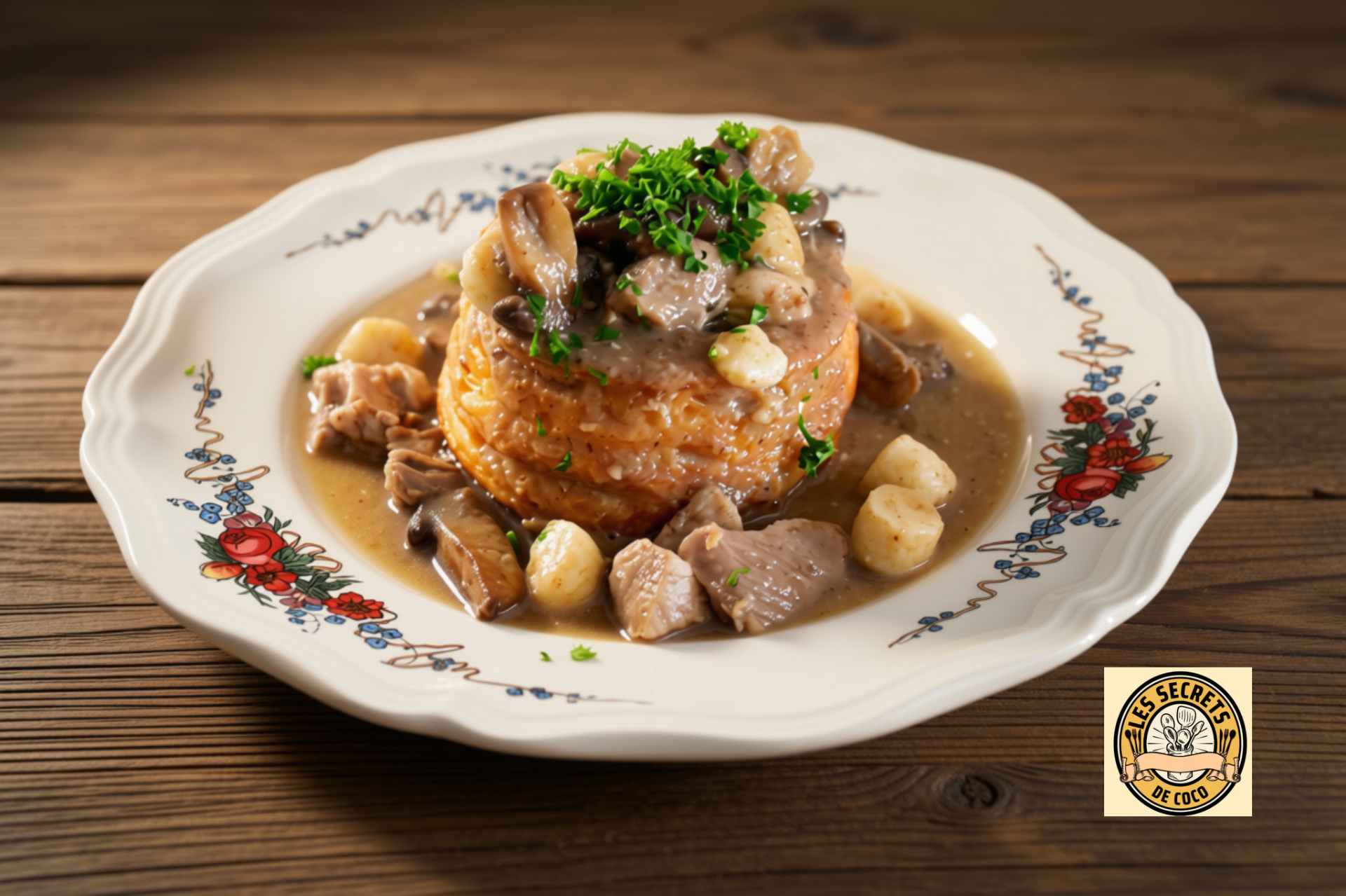 Assiette blanche décorée avec ragoût de viande, gnocchis et herbes fraîches sur table en bois.