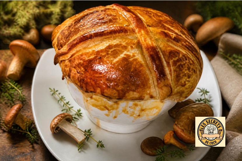 Gros pain en croûte dorée servi dans un plat blanc, entouré de champignons et herbes sur table rustique.
