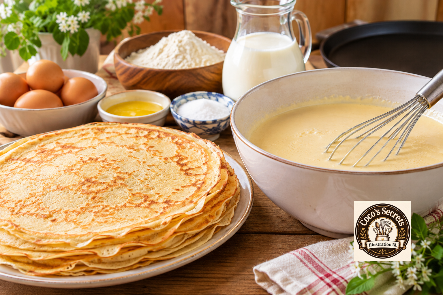 Crêpes empilées, bol de pâte et ingrédients sur table en bois, lait et œufs visibles, ambiance cuisine maison.
