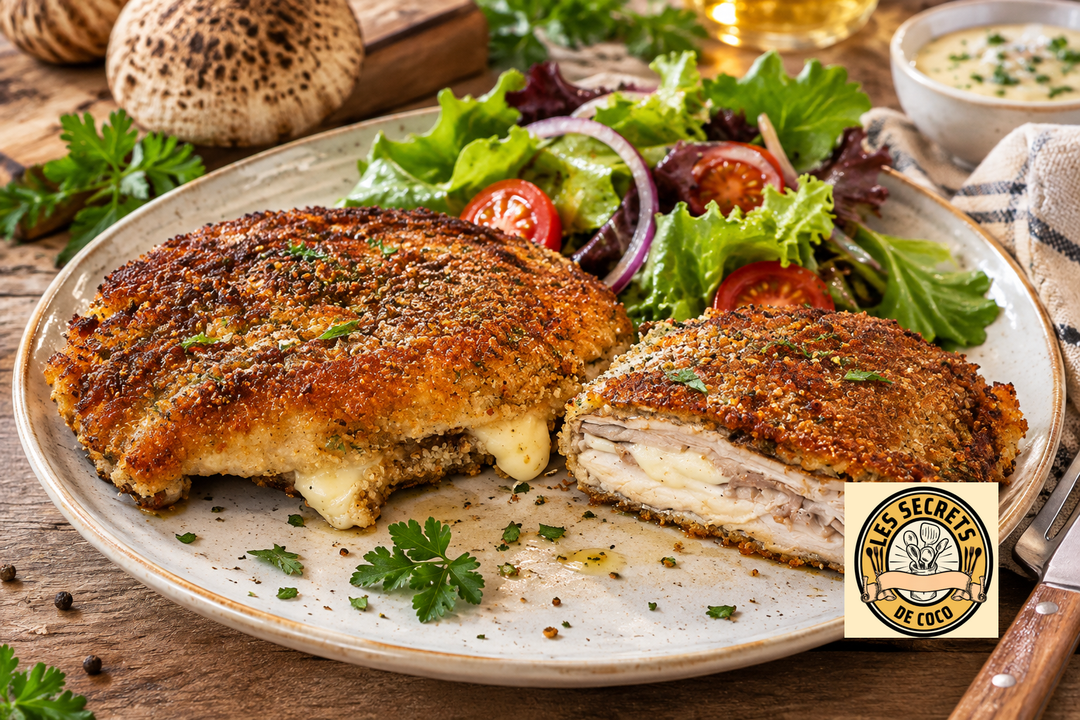 Deux côtelettes de poulet grillées, tranchées, sur assiette avec salade verte, tomates et sauce.