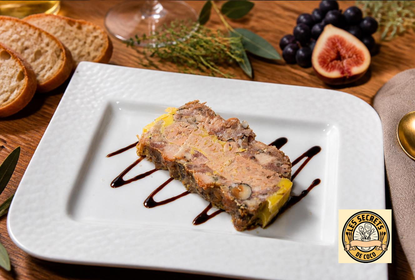 Tranche de pâté sur assiette blanche, nappée de sauce brune, avec pain, raisins et figue.