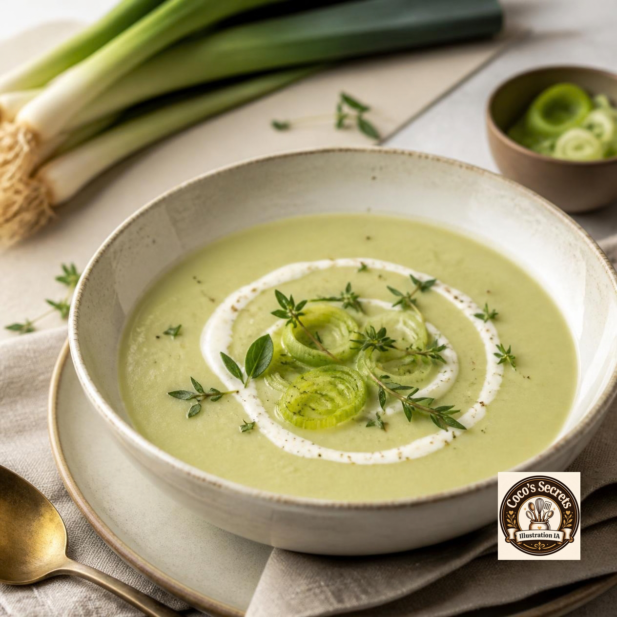 Bol de soupe au poireau crémeuse, tranches de poireau et herbes fraîches, sur plateau beige avec cuillère dorée.