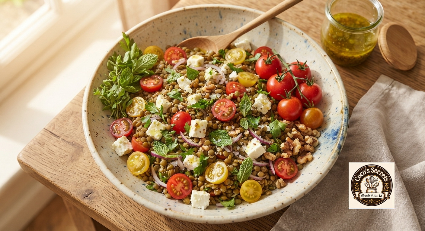 Salade de lentilles avec tomates cerises, feta, herbes fraîches, dans un bol beige sur table en bois.