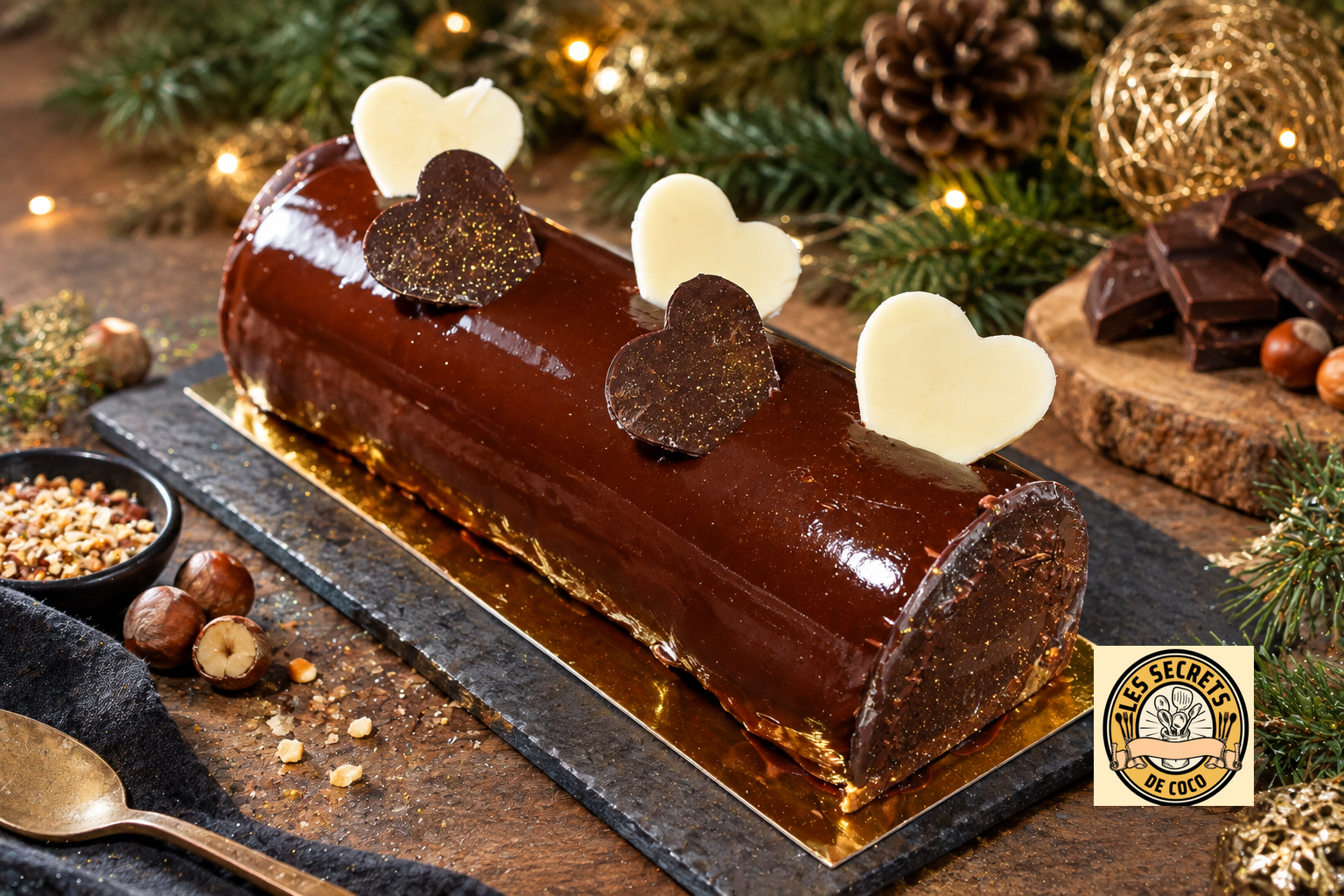 Gâteau au chocolat glacé, décorations en chocolat et éclats de sucre, posé sur table marbrée.