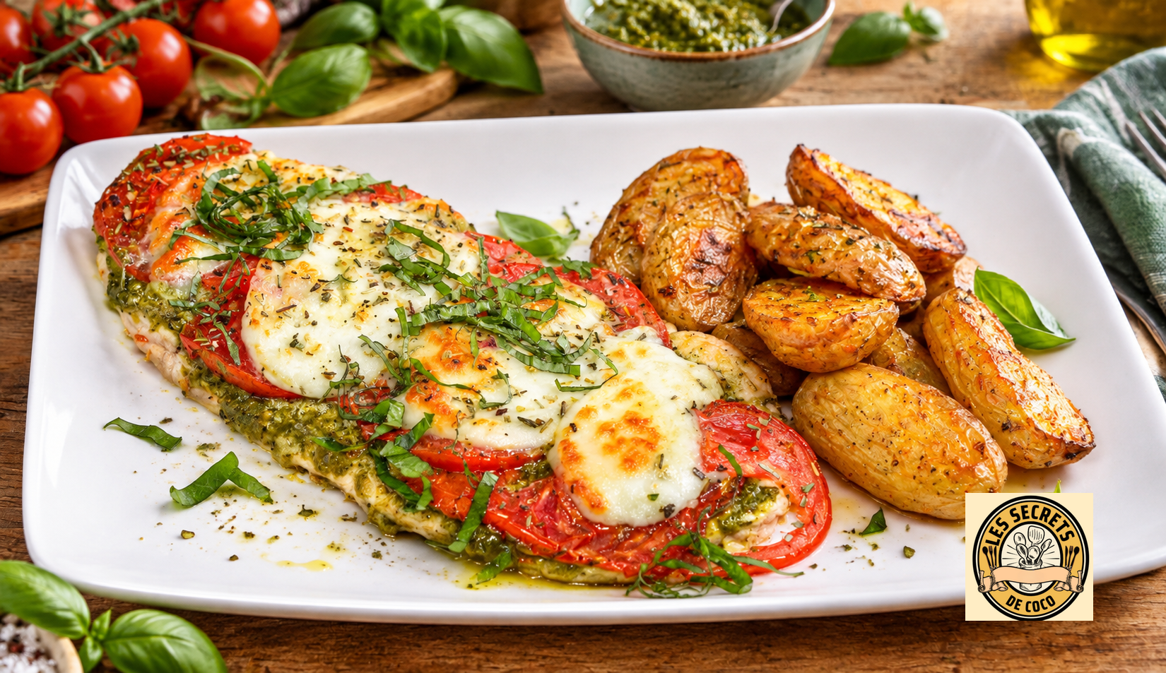 Omelette aux tomates et herbes, œufs pochés, pommes de terre rôties, sur plat blanc, ingrédients frais en arrière-plan.