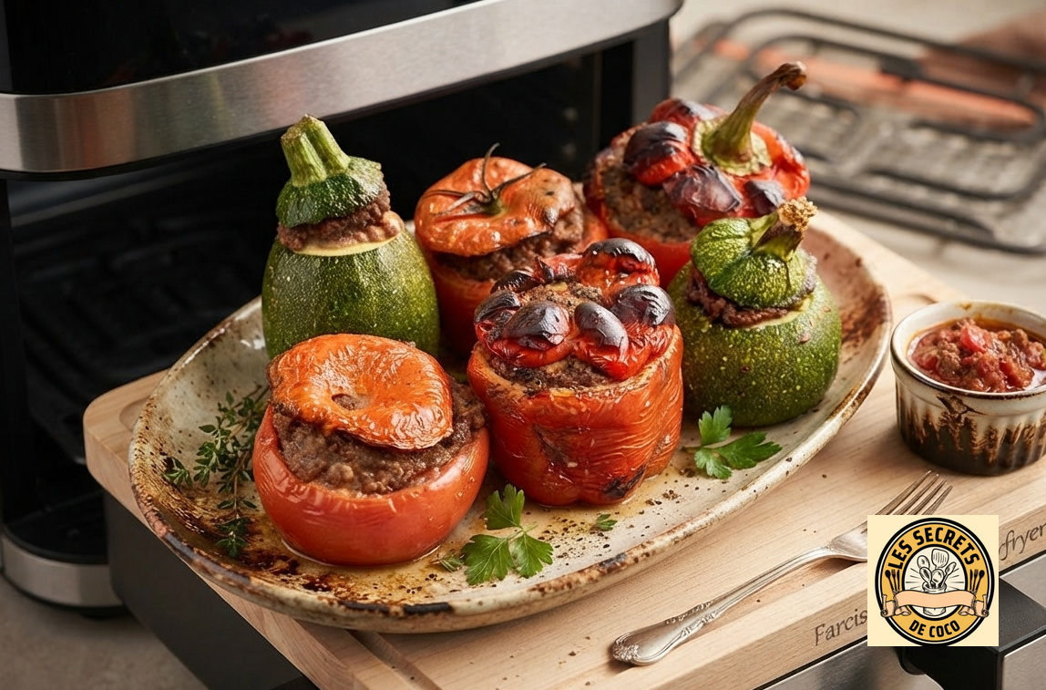 Légumes farcis rôtis sur un plat en bois, poivrons et tomates, herbes, sauce en petit ramequin.