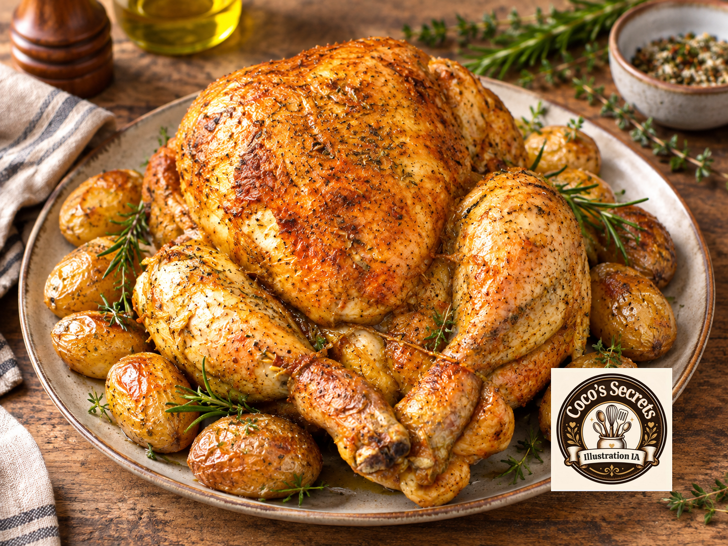 Poulet rôti doré aux herbes, pommes de terre autour, assiette en céramique, fond rustique, huile et épices.