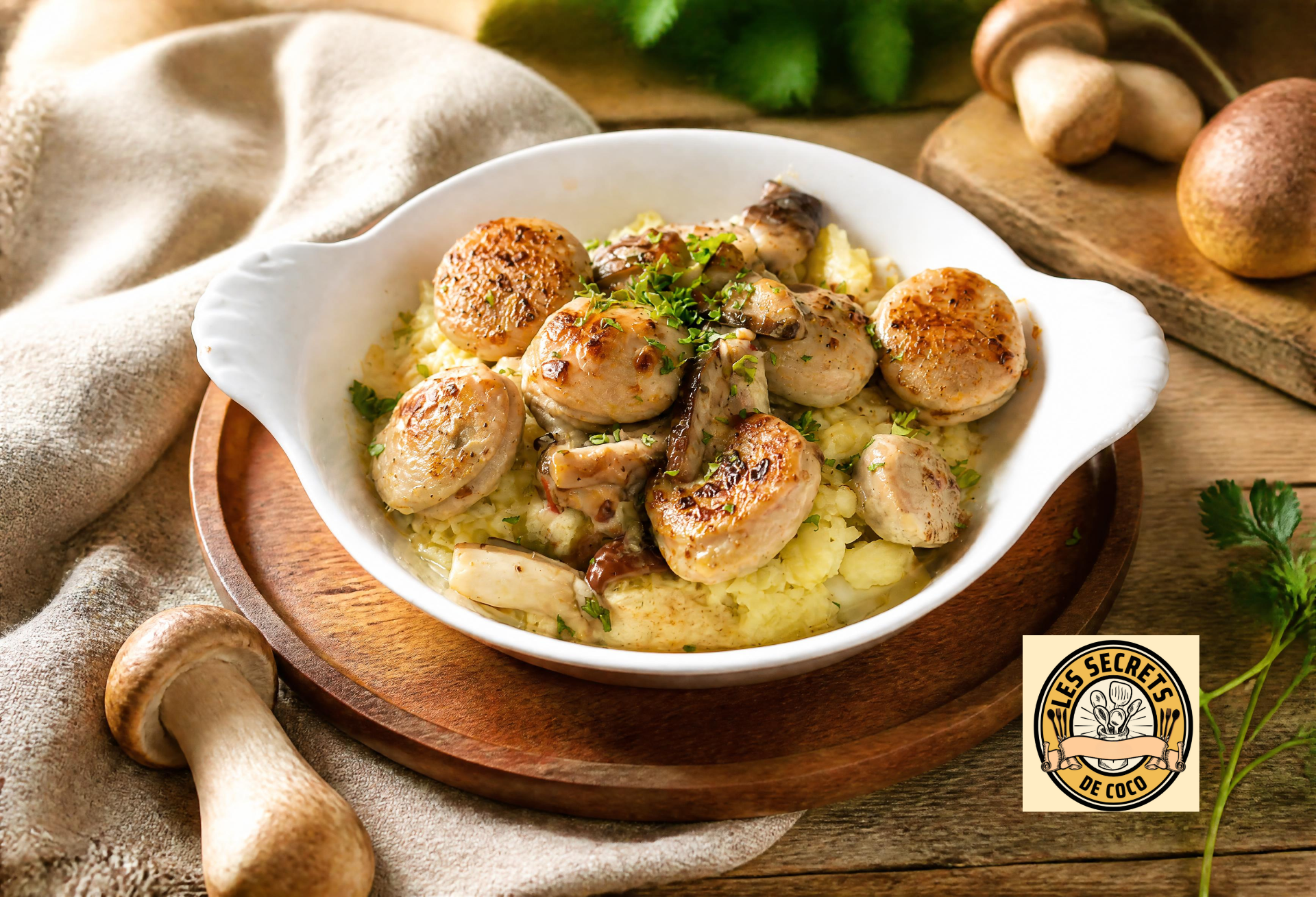 Assiette blanche avec rondelles de saucisse grillée boudin blanc  sur purée, herbes fraîches, champignons et fond rustique.