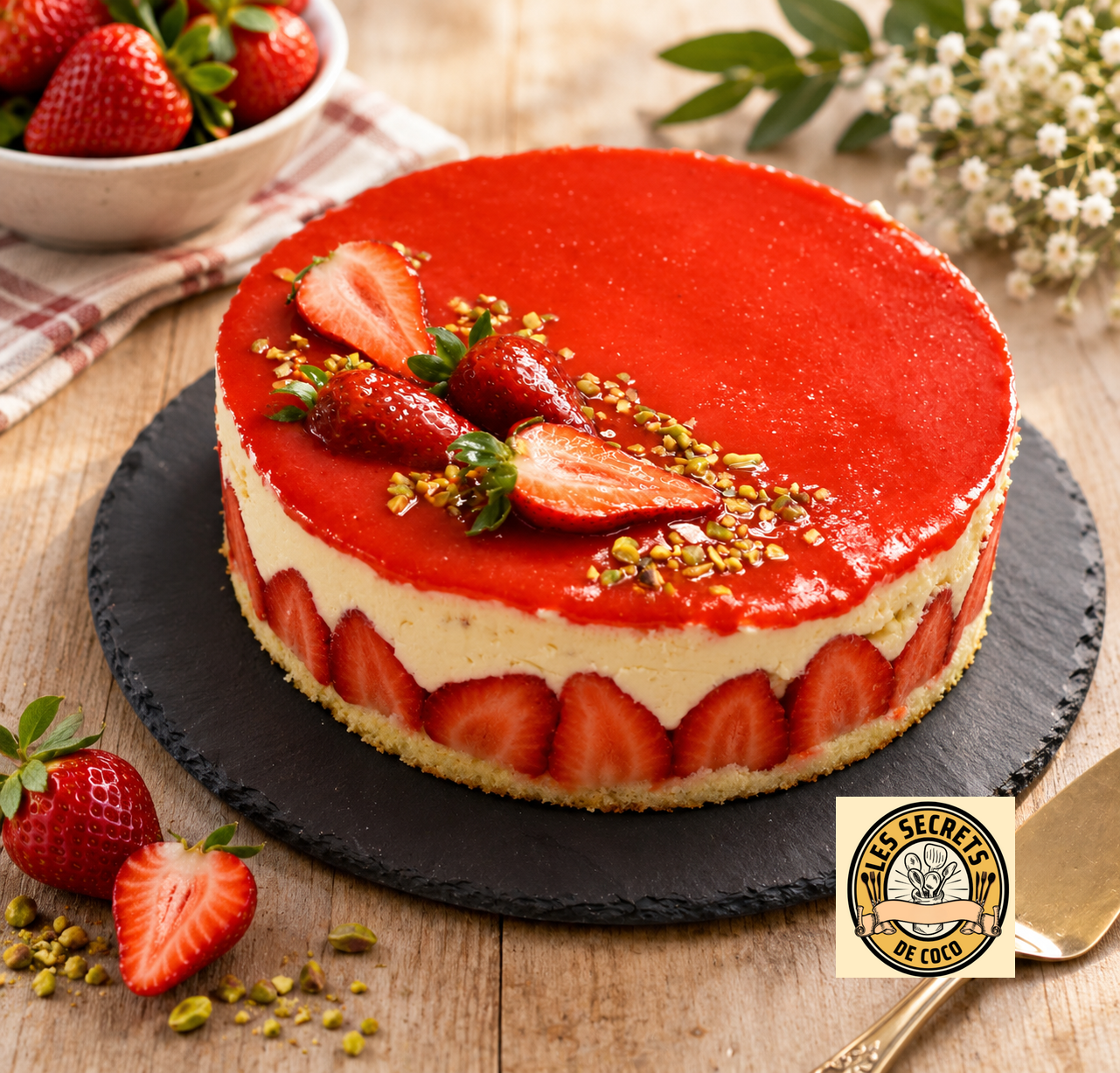 Gâteau aux fraises avec glaçage rouge, fraises tranchées et herbes vertes, sur assiette violette.