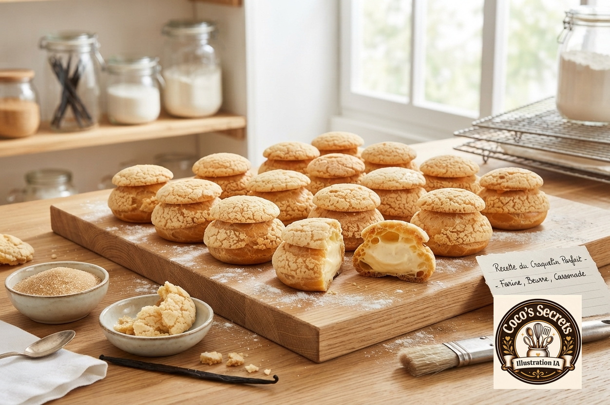 choux dorés avec craqyekub sur planche en bois, farine au sol, bols de sucre, cuisine lumineuse.